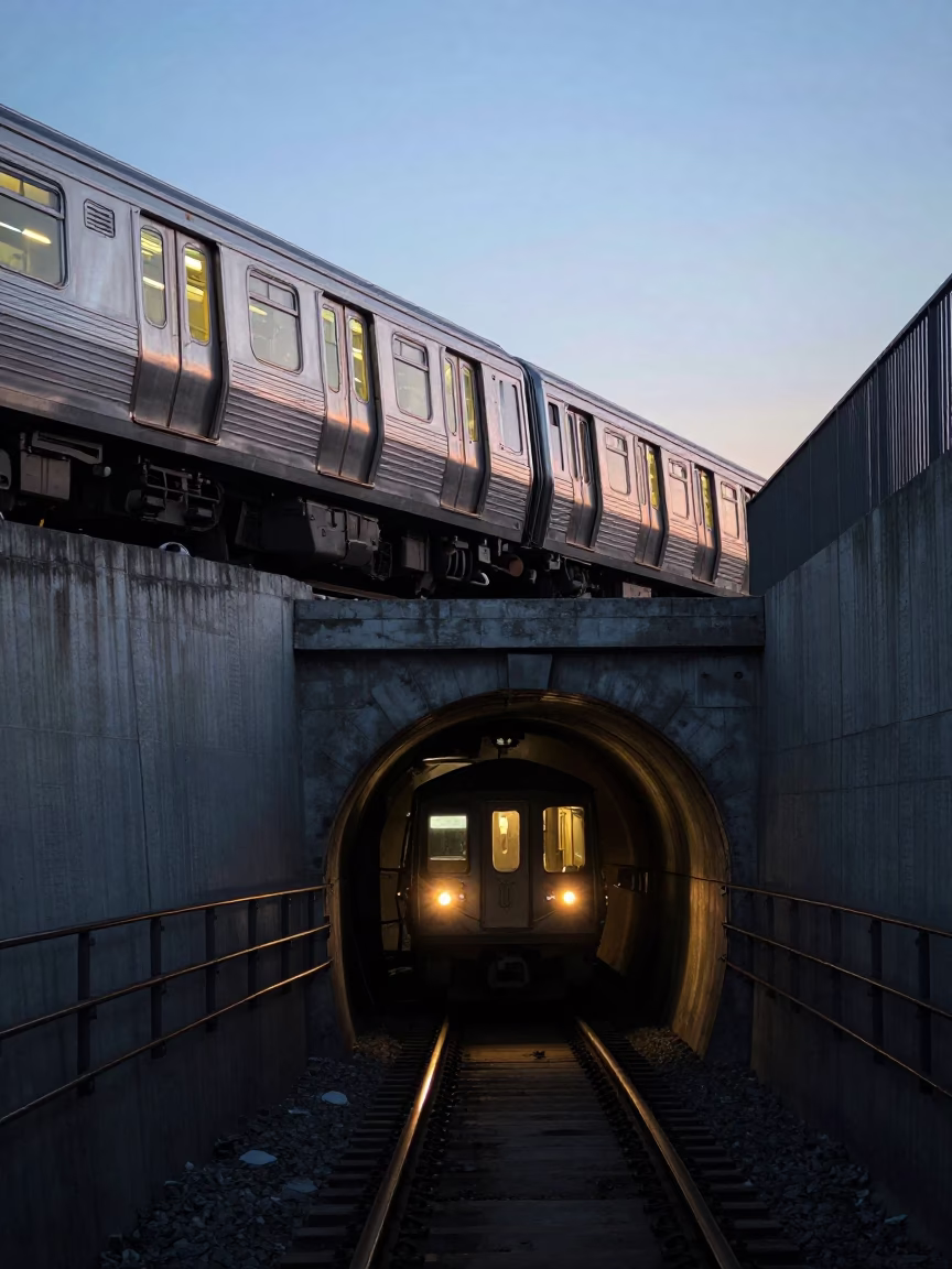 First Light Dawn Metro Train Emerging from Tunnel in Toronto Ontario Canada in in Toronto, Ontario, Canada