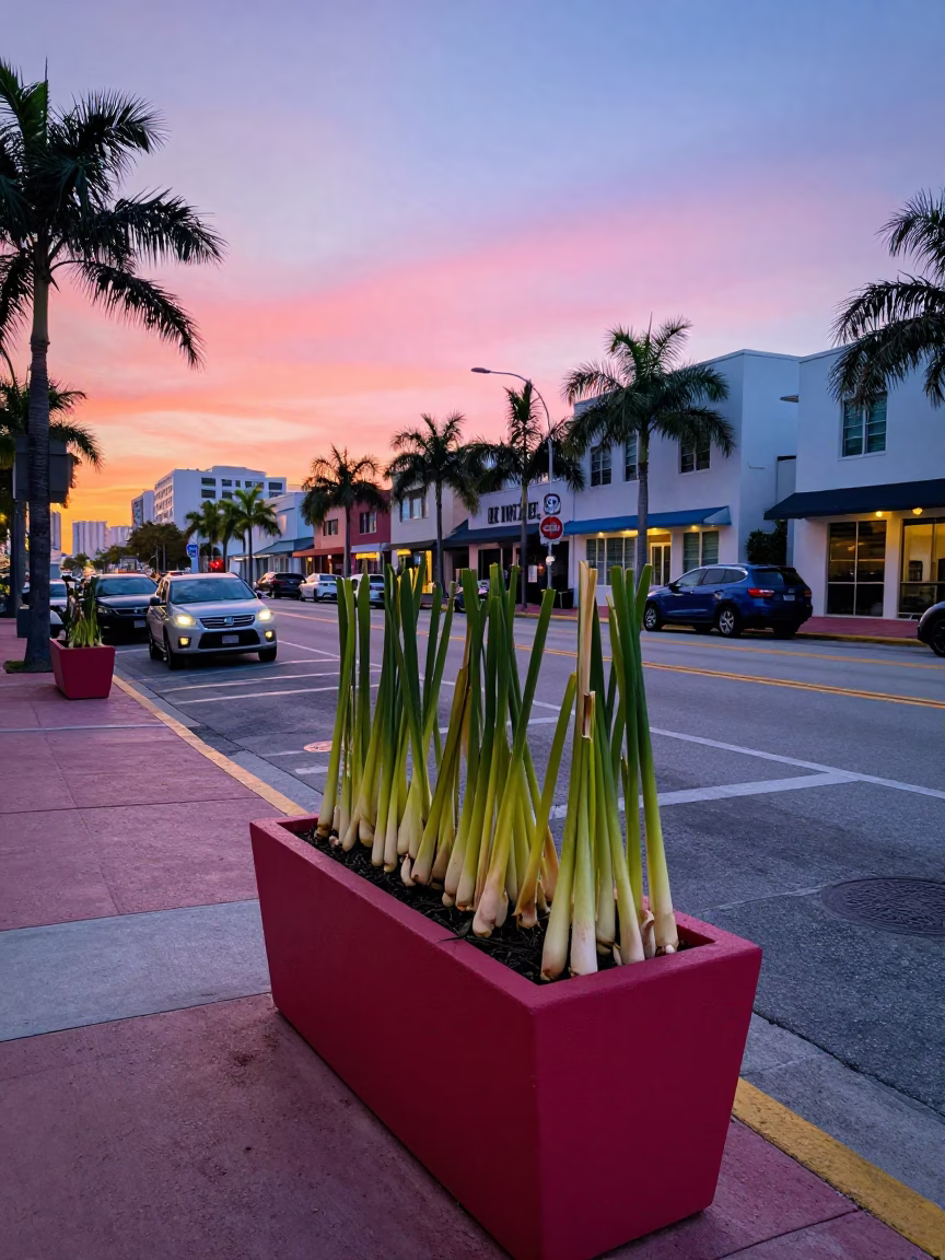 First Light Dawn Miami Florida Street Scene with Lemongrass Planter and Coastal Breakwater Beacons in in Miami, Florida, United States