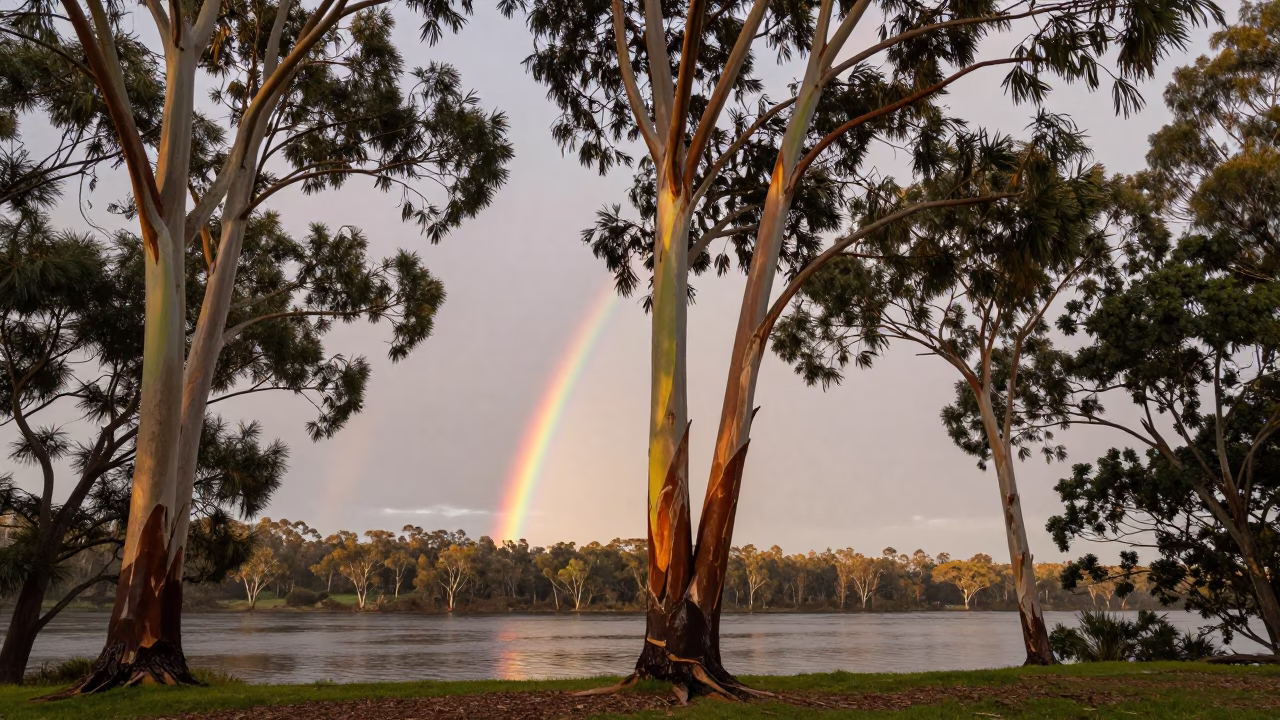 First Light Dawn on Adelaide Riverbank with Rainbow Eucalyptus and Morning Commute in in Adelaide, South Australia, Australia