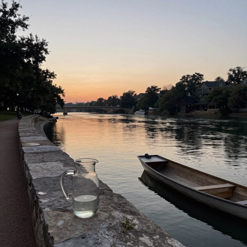 First Light Dawn on Austin Texas River Walk with Glass Pitcher and Wooden Boat in in Austin, Texas, United States