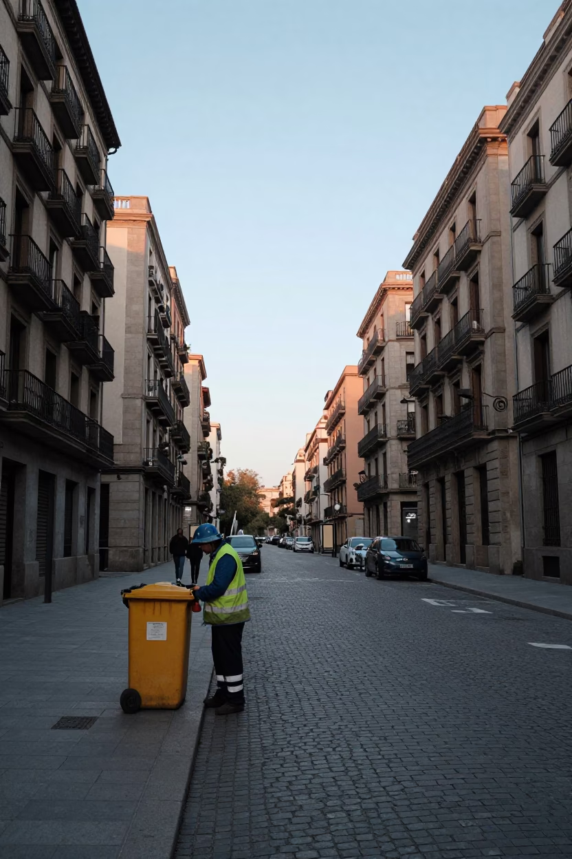 First Light Dawn on Barcelona Rambla Street with Morning Commuters and Urban Details in in Barcelona, Spain