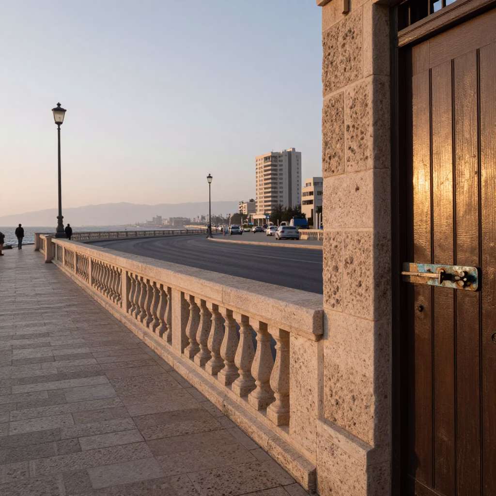 First Light Dawn on Beirut Corniche Street Scene with Leaf Shadows and Latch Detail in in Beirut, Lebanon