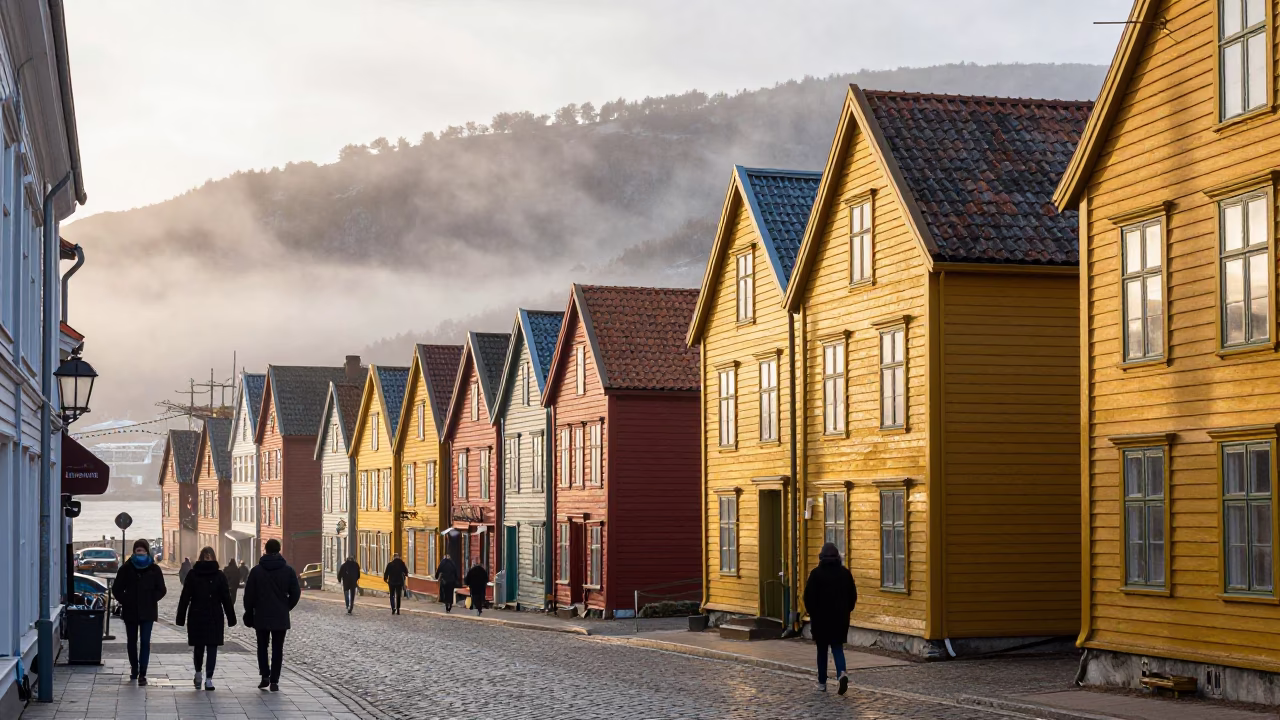 First light dawn on Bergen Norway cobblestone street with heritage tram and morning commuters in in Bergen, Norway
