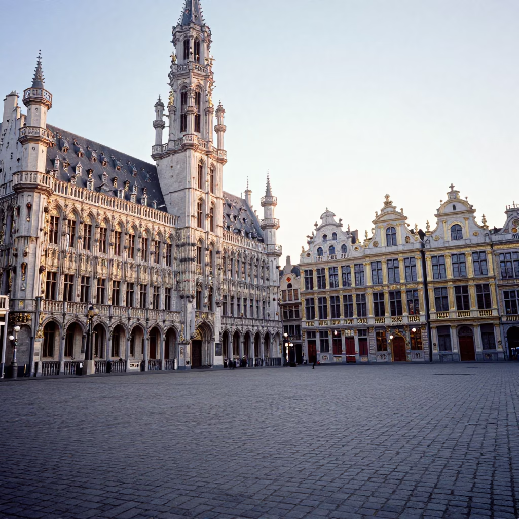 First light dawn on Brussels Grand Place cobblestones with historic guildhalls and morning commuters in in Brussels, Belgium