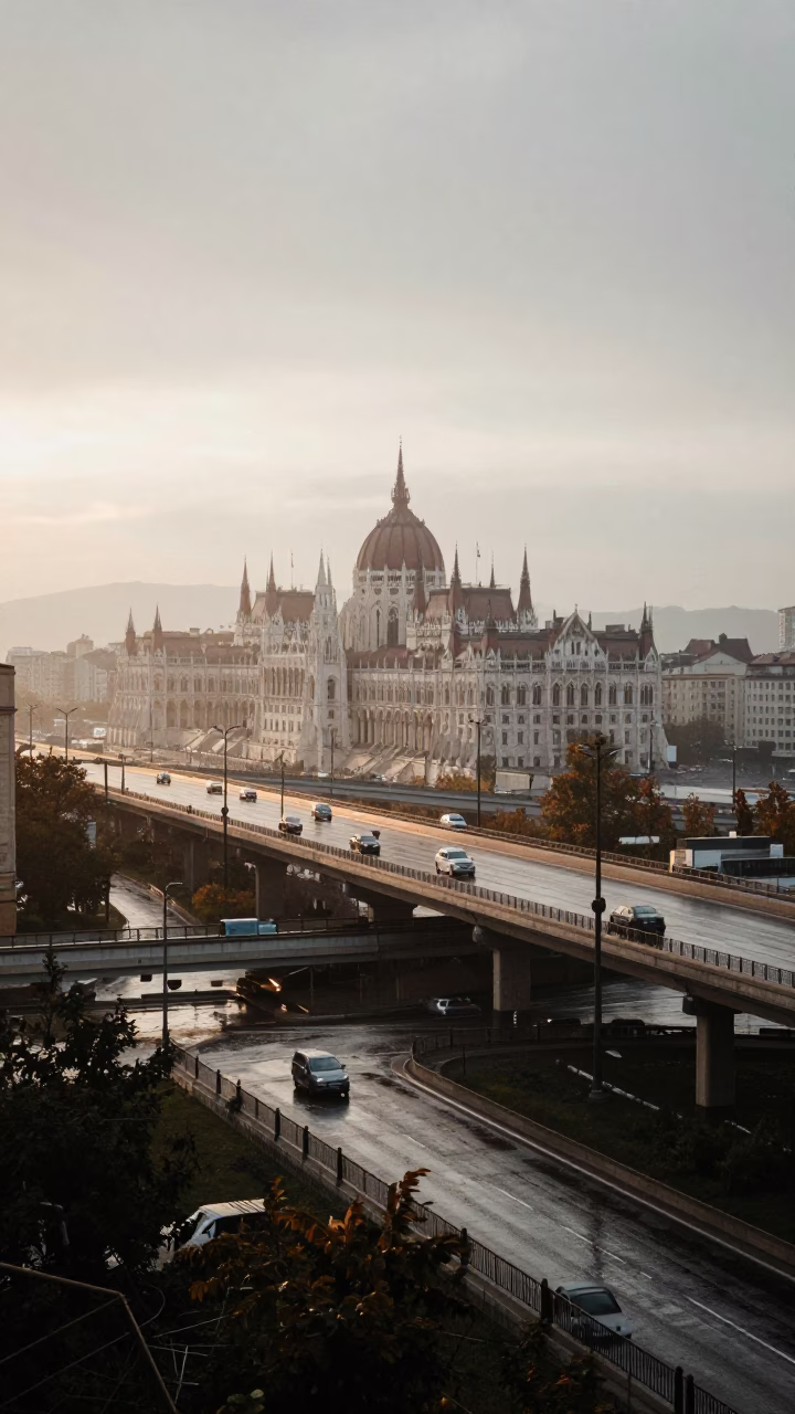 First light dawn on Budapest overpass interchange glowing with rain-soaked taillights in in Budapest, Hungary