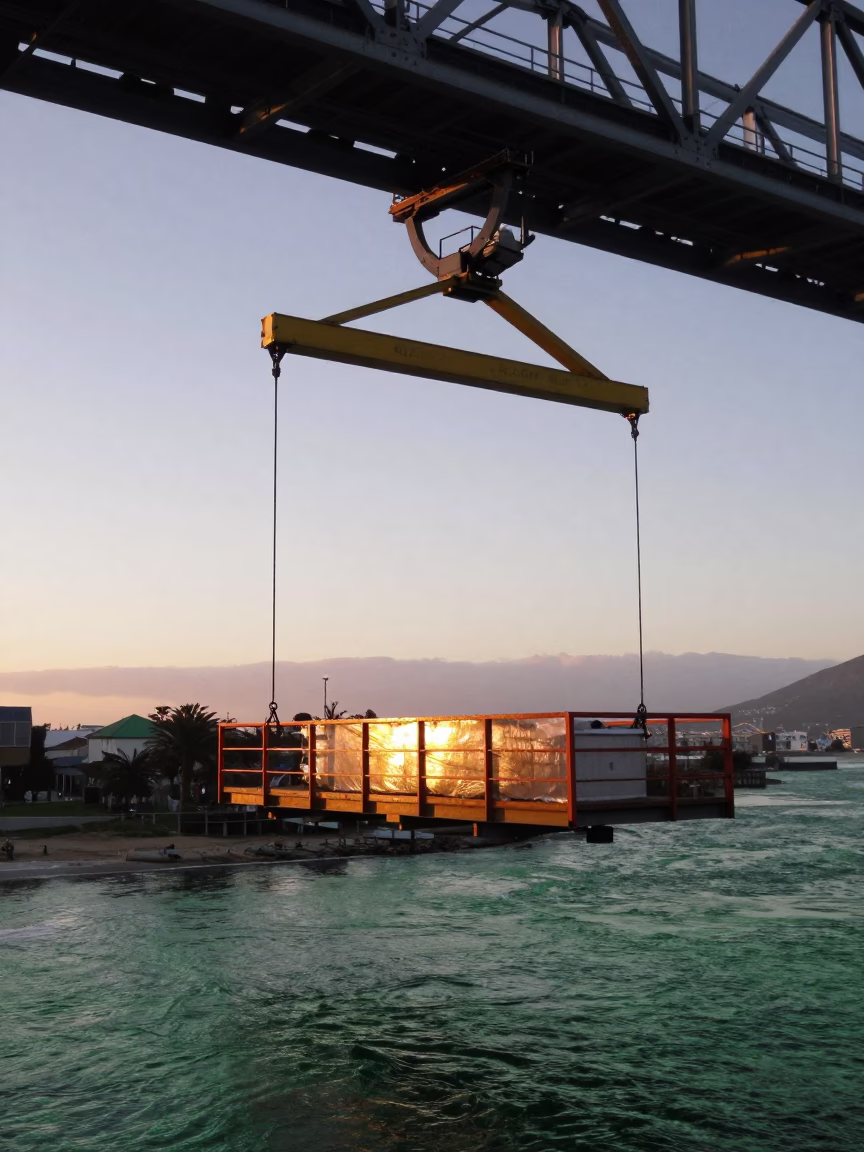First Light Dawn on Cape Town Bridge Maintenance Cradle Above Green River Water in in Cape Town, South Africa