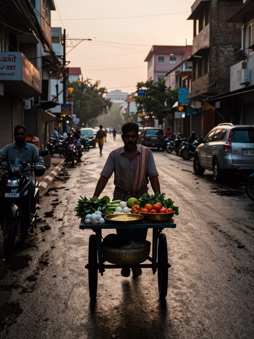 First light dawn on Chennai street with brass tray and umbrella stand in in Chennai, India