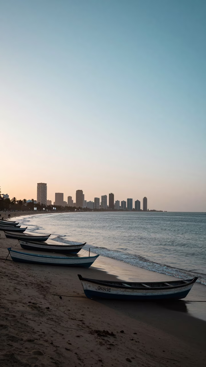 First Light Dawn on Dakar Corniche with Fishing Boats and Coastal Activity in in Dakar, Senegal