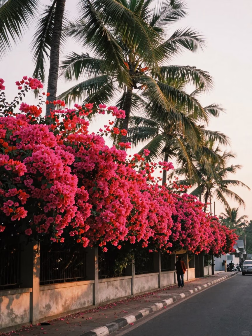 First Light Dawn on Denpasar Street with Bougainvillea and Palm Trees in in Denpasar, Indonesia