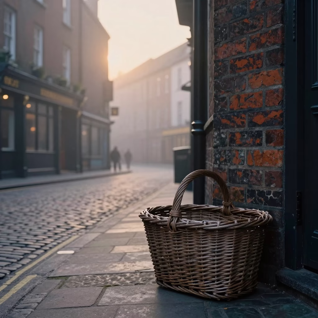 First Light Dawn on Dublin Street with Weathered Wicker Basket and Glass Jar in in Dublin, Ireland