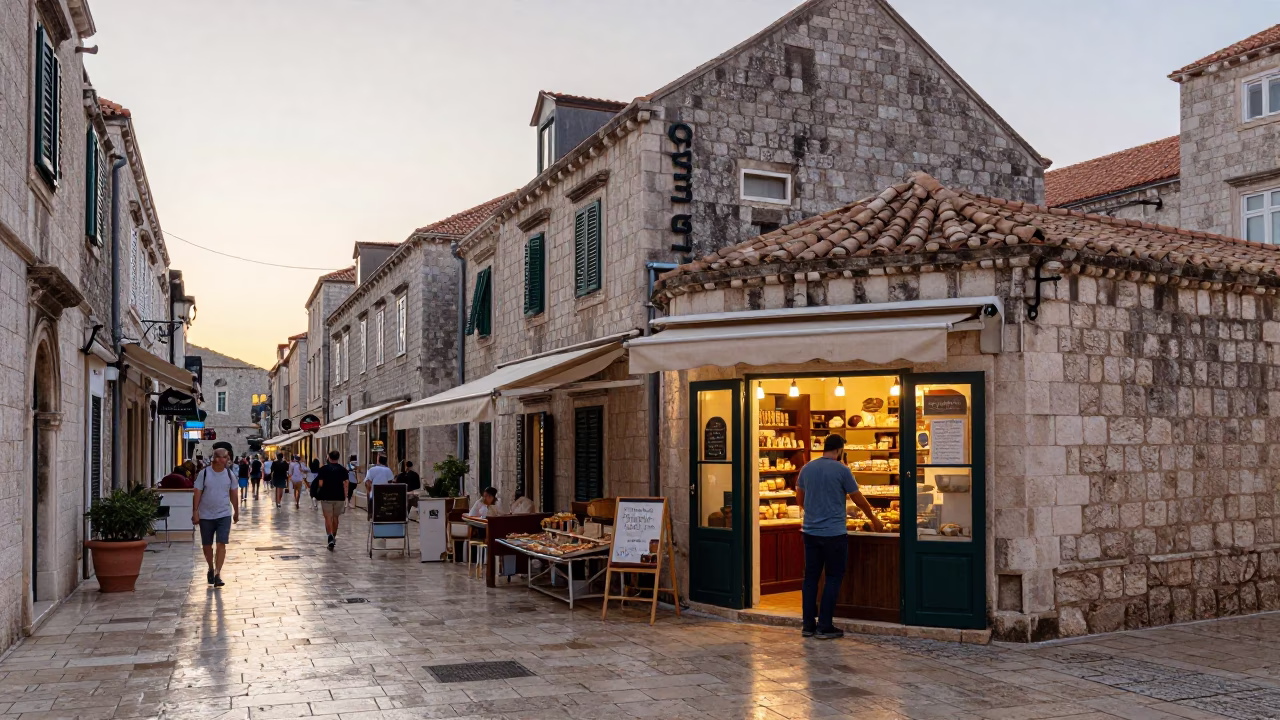 First Light Dawn on Dubrovnik Old Town Streets with Local Breakfast in in Dubrovnik, Croatia