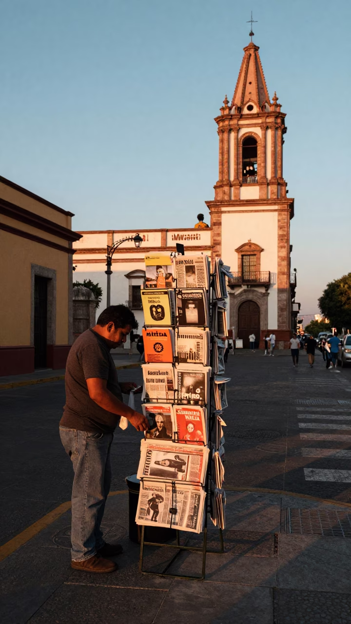 First Light Dawn on Guadalajara Street with Magazine Rack and Local Life in in Guadalajara, Mexico