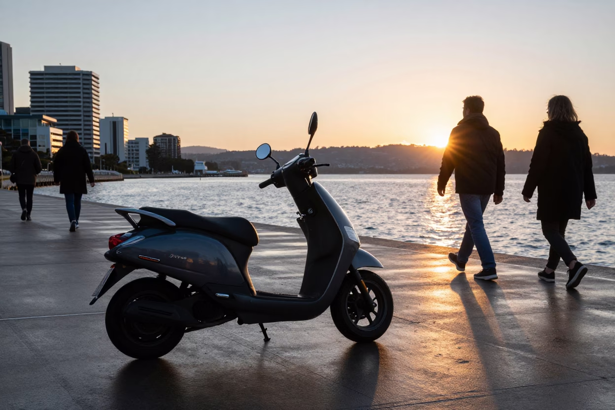 First Light Dawn on Hobart Waterfront Promenade with Scooter and City Skyline in in Hobart, Tasmania, Australia