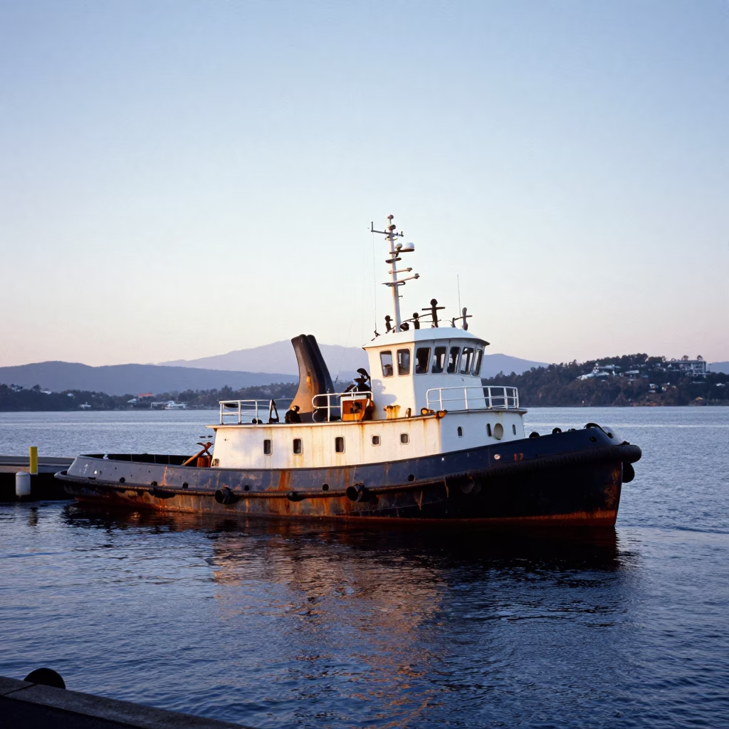 First Light Dawn on Hobart Waterfront with Rusty Tugboat and Morning Mist in in Hobart, Tasmania, Australia