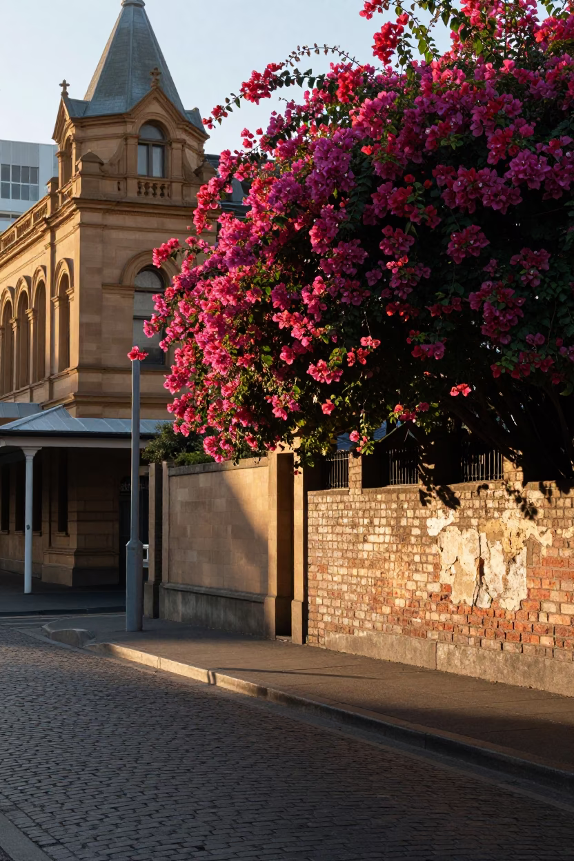 First Light Dawn on Melbourne Streets with Bougainvillea and Vintage 1960s Atmosphere in in Melbourne, Victoria, Australia