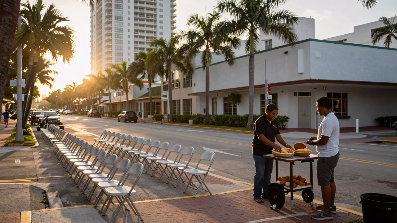First Light Dawn on Miami Street with Graduation Chairs and Local Interaction in in Miami, Florida, United States