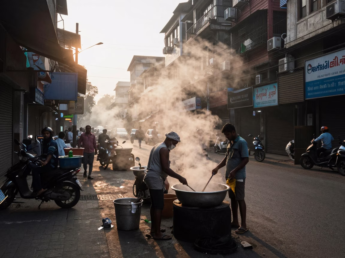 First Light Dawn on Mumbai Street with Steam and Local Commerce in in Mumbai, India