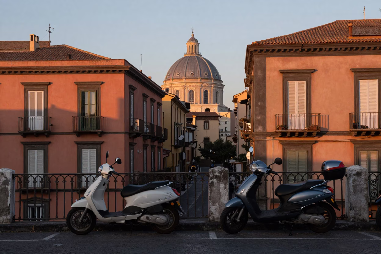 First Light Dawn on Naples Street with Motorcycle and Glass Carafe in in Naples, Italy