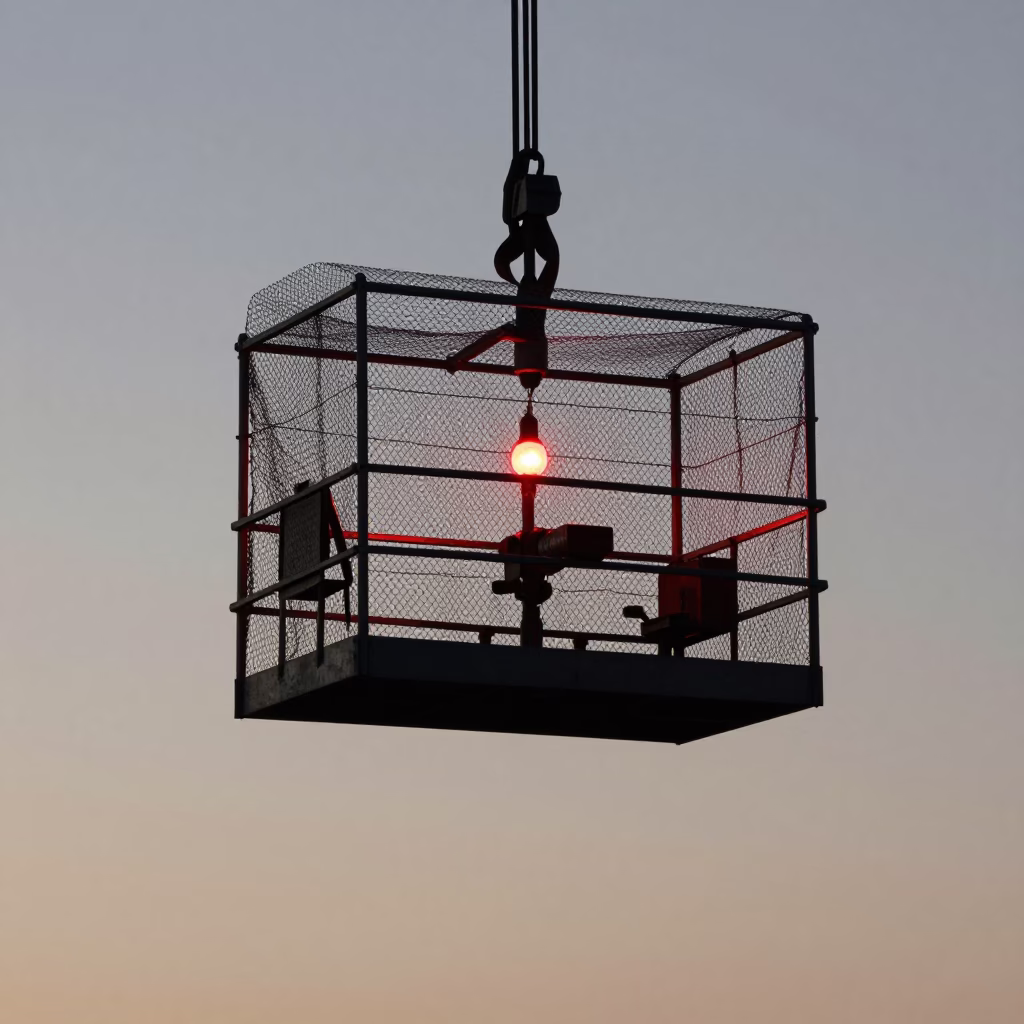 First Light Dawn on Nashville Bridge Maintenance Cage with Red Bulbs and Cityscape in in Nashville, Tennessee, United States