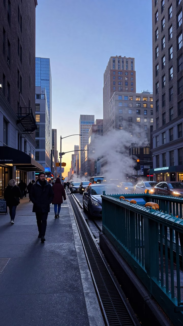 First Light Dawn on New York City Street with Bread Basket and Houseplant in in New York, New York, United States
