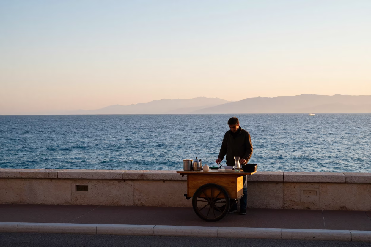 First Light Dawn on Nice Promenade with Carafe and Bread Basket in in Nice, France