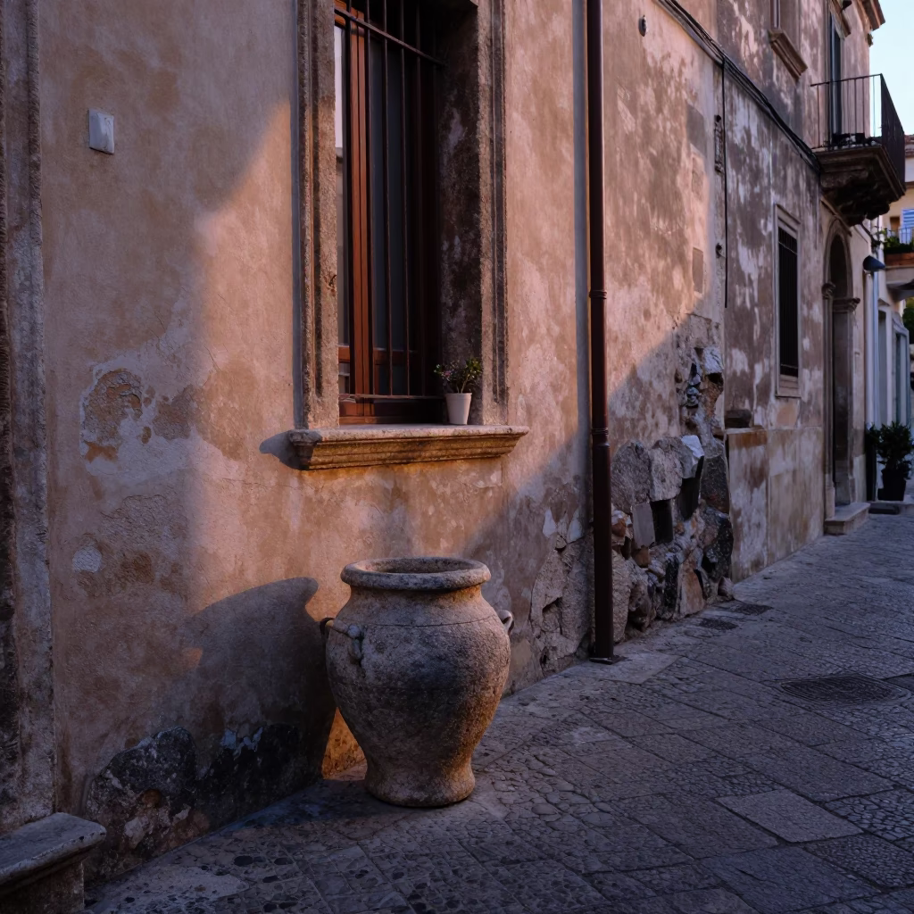 First Light Dawn on Palermo Street with Stone Pot and Bar Soap in in Palermo, Italy