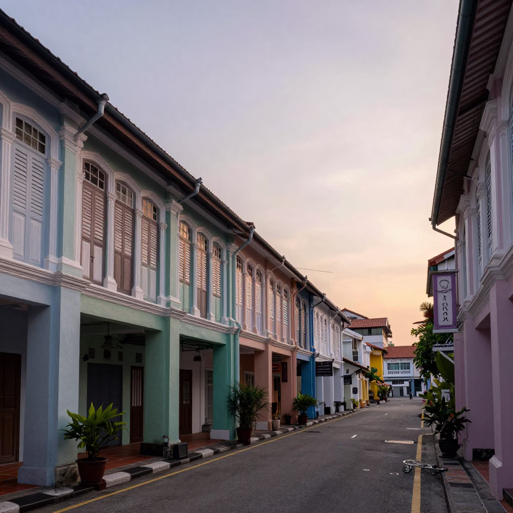 First Light Dawn on Penang Street with Spindle Chair and Morning Bread in in George Town, Malaysia