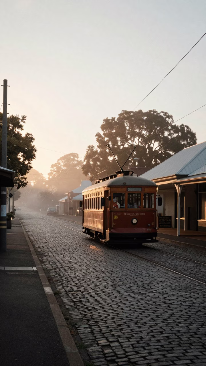 First Light Dawn on Perth Cobblestone Avenue with Heritage Tram and Misty River Walkway in in Perth, Western Australia, Australia