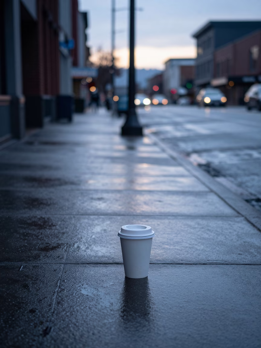 First Light Dawn on Portland Oregon Street with Coffee Cup and Wet Pavement in in Portland, Oregon, United States