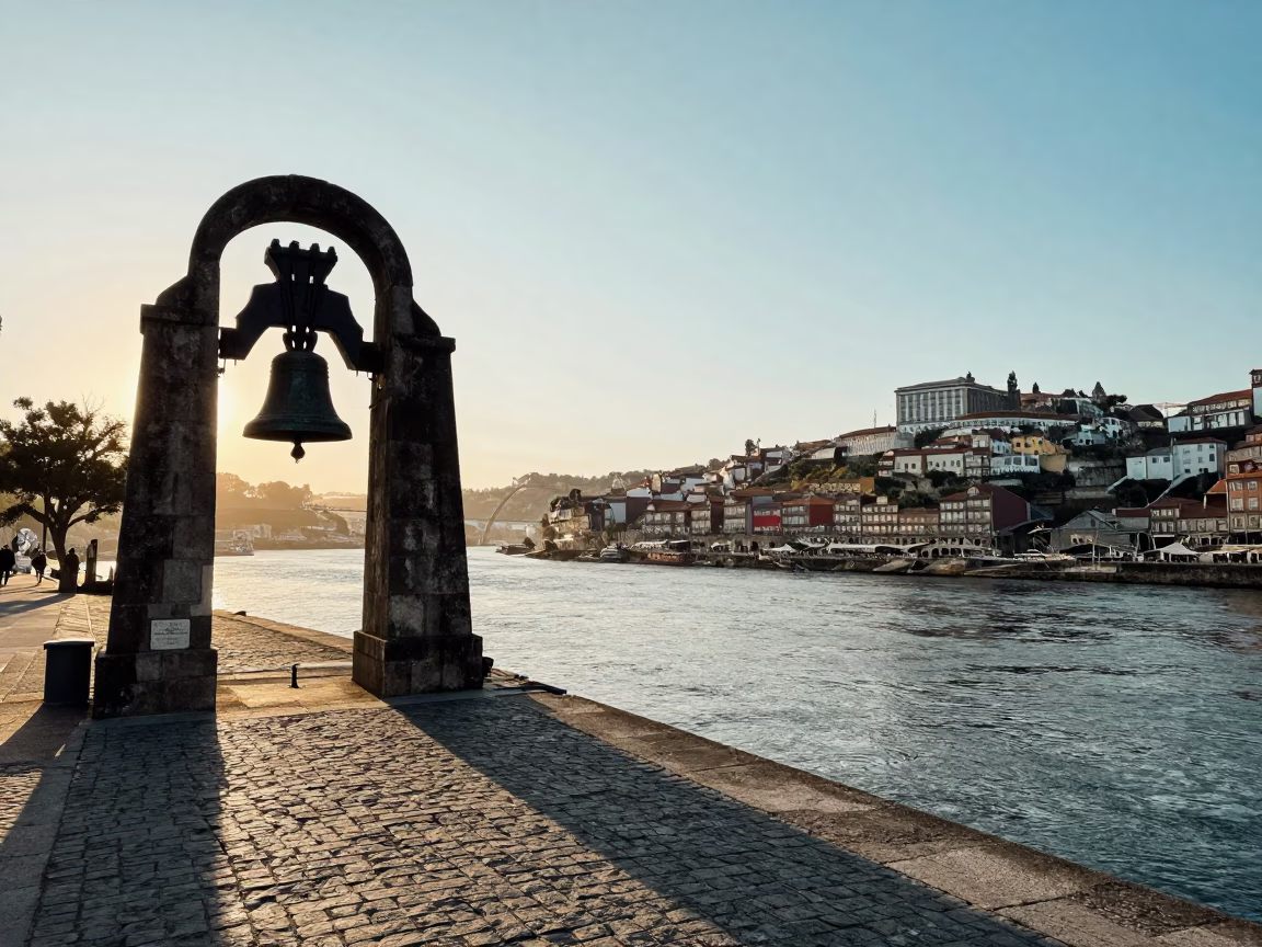 First Light Dawn on Porto Ribeira Riverfront with Bell Tower and Traditional Riverboat in in Porto, Portugal