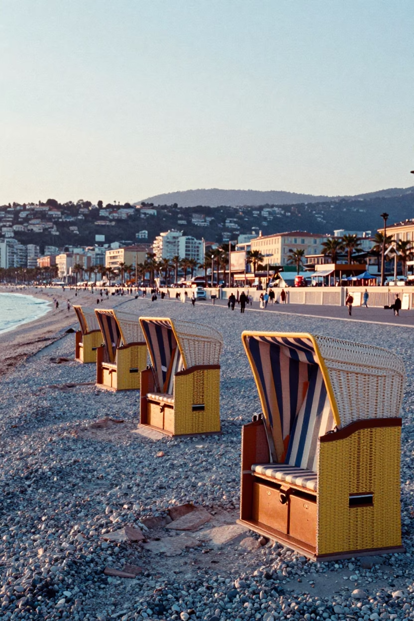 First Light Dawn on Promenade des Anglais with Luggage and Coastal Morning Light in in Nice, France