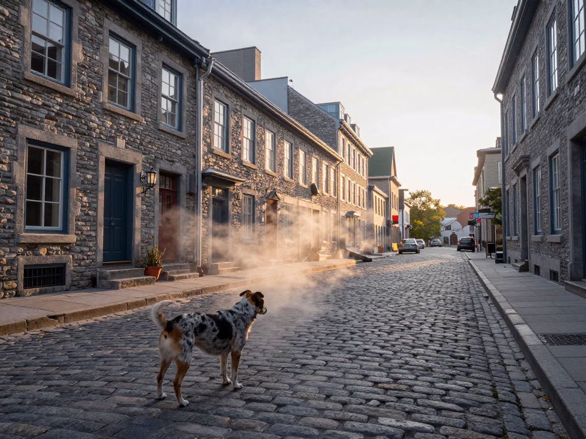 First light dawn on Quebec City cobblestone streets with Braque du Bourbonnais in in Quebec City, Quebec, Canada