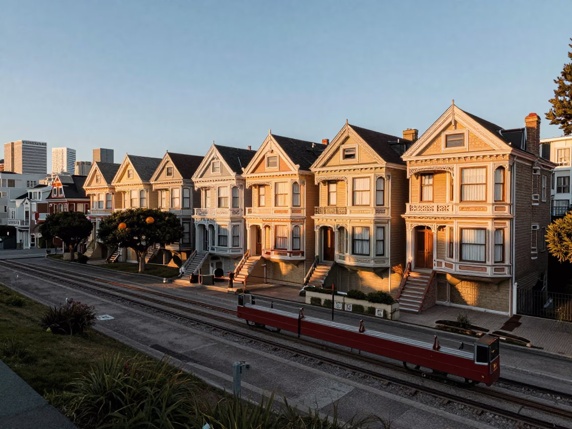First Light Dawn on San Francisco Steep Hill with Funicular and Victorian Architecture in in San Francisco, California, United States