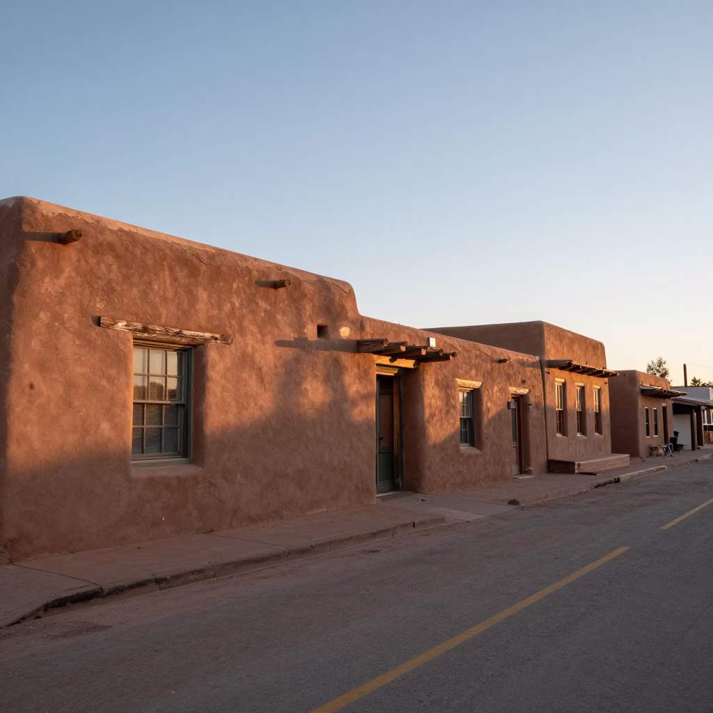 First Light Dawn on Santa Fe Adobe Street with Traditional Architecture in in Santa Fe, New Mexico, United States