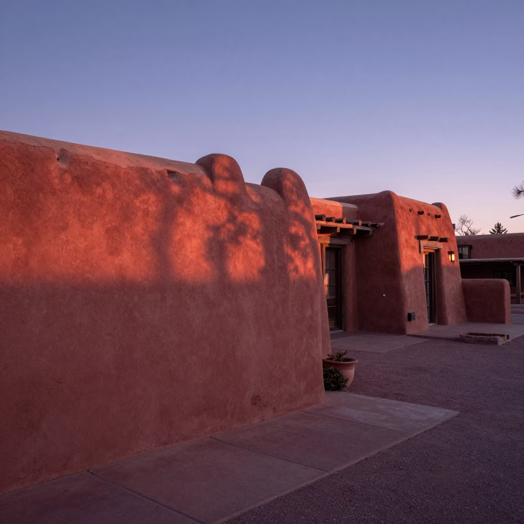 First Light Dawn on Santa Fe Plaza Adobe Walls and Plaza Tree in in Santa Fe, New Mexico, United States