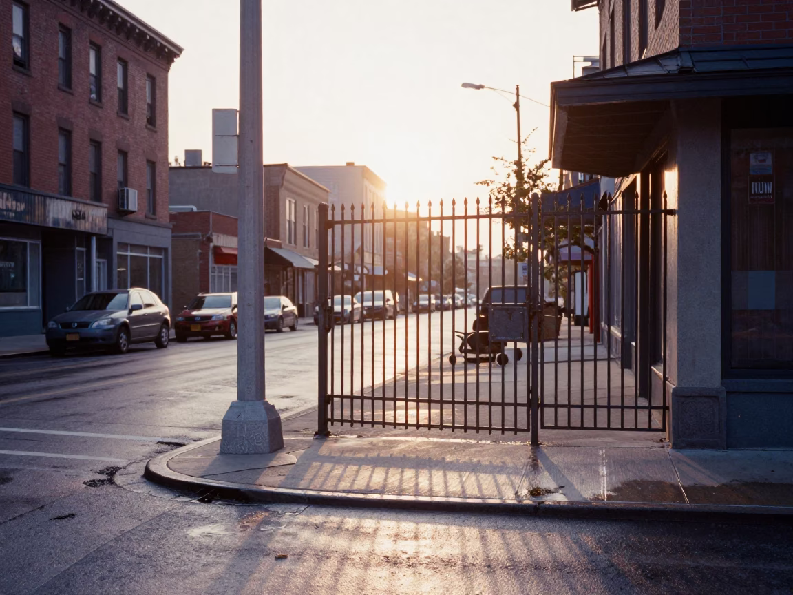 First Light Dawn on Toronto Street Corner with Vintage Gate and Urban Morning Details in in Toronto, Ontario, Canada