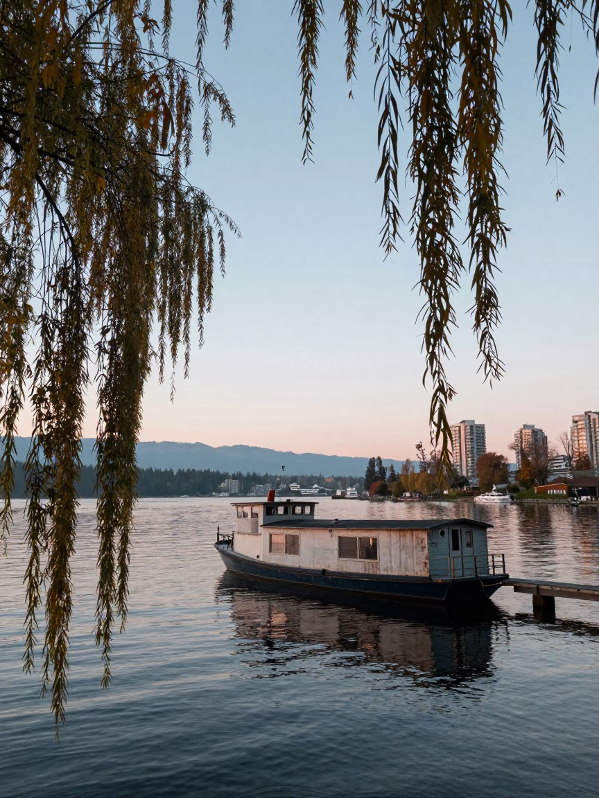 First Light Dawn on Vancouver False Creek with Houseboat and Autumn Willows in in Vancouver, British Columbia, Canada
