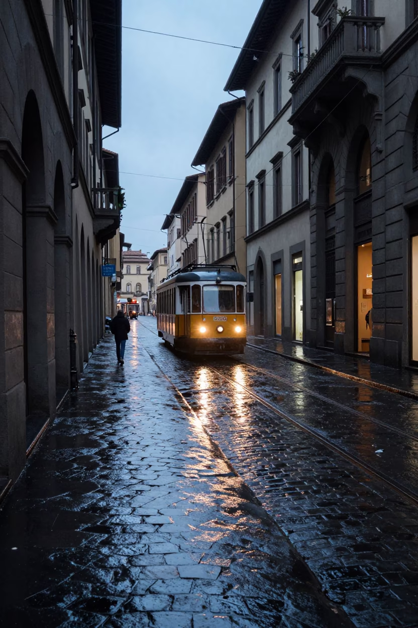 First light dawn on wet cobblestones in Florence Italy with tramcar reflection in in Florence, Italy