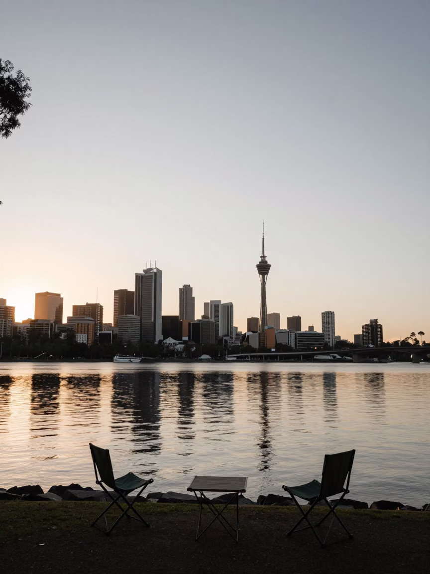 First Light Dawn Over Adelaide River with Folding Stools and Urban Wake in in Adelaide, South Australia, Australia