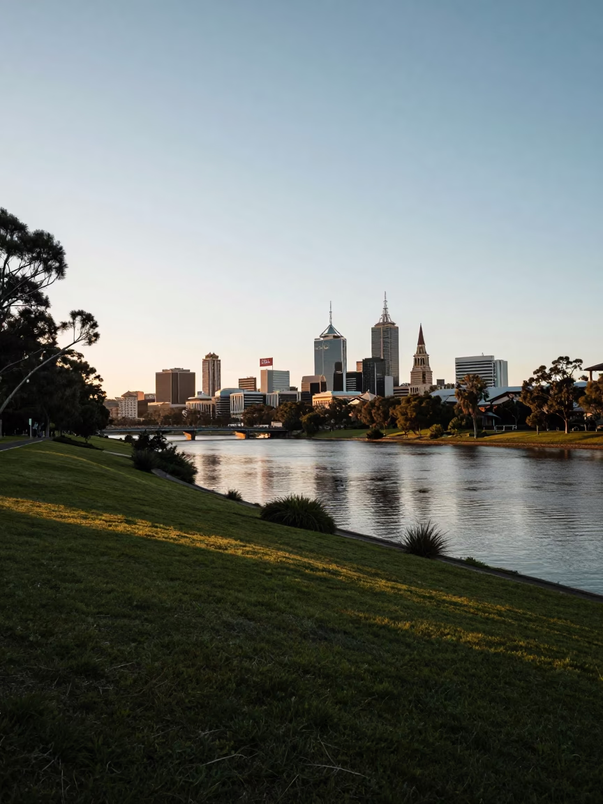 First Light Dawn Over Adelaide South Australia Riverbank and Historic Architecture in in Adelaide, South Australia, Australia
