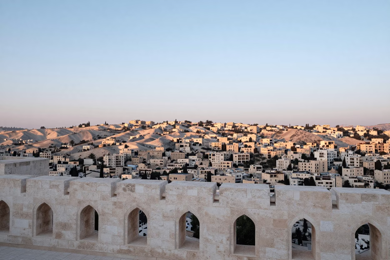 First Light Dawn Over Amman Jordan Hills and White Stone Architecture in in Amman, Jordan