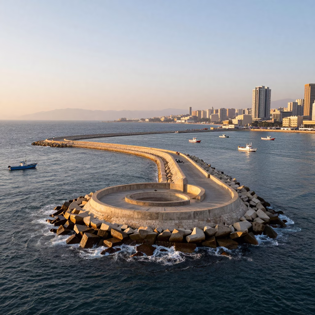 First Light Dawn Over Beirut Spiral Breakwater and Busy Port Activity in in Beirut, Lebanon