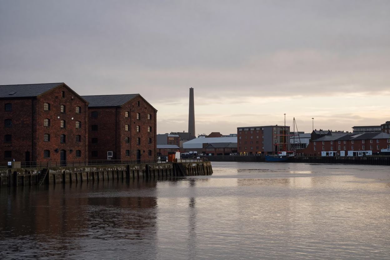 First Light Dawn over Bristol Harbour Waterside Industrial Scene in in Bristol, United Kingdom