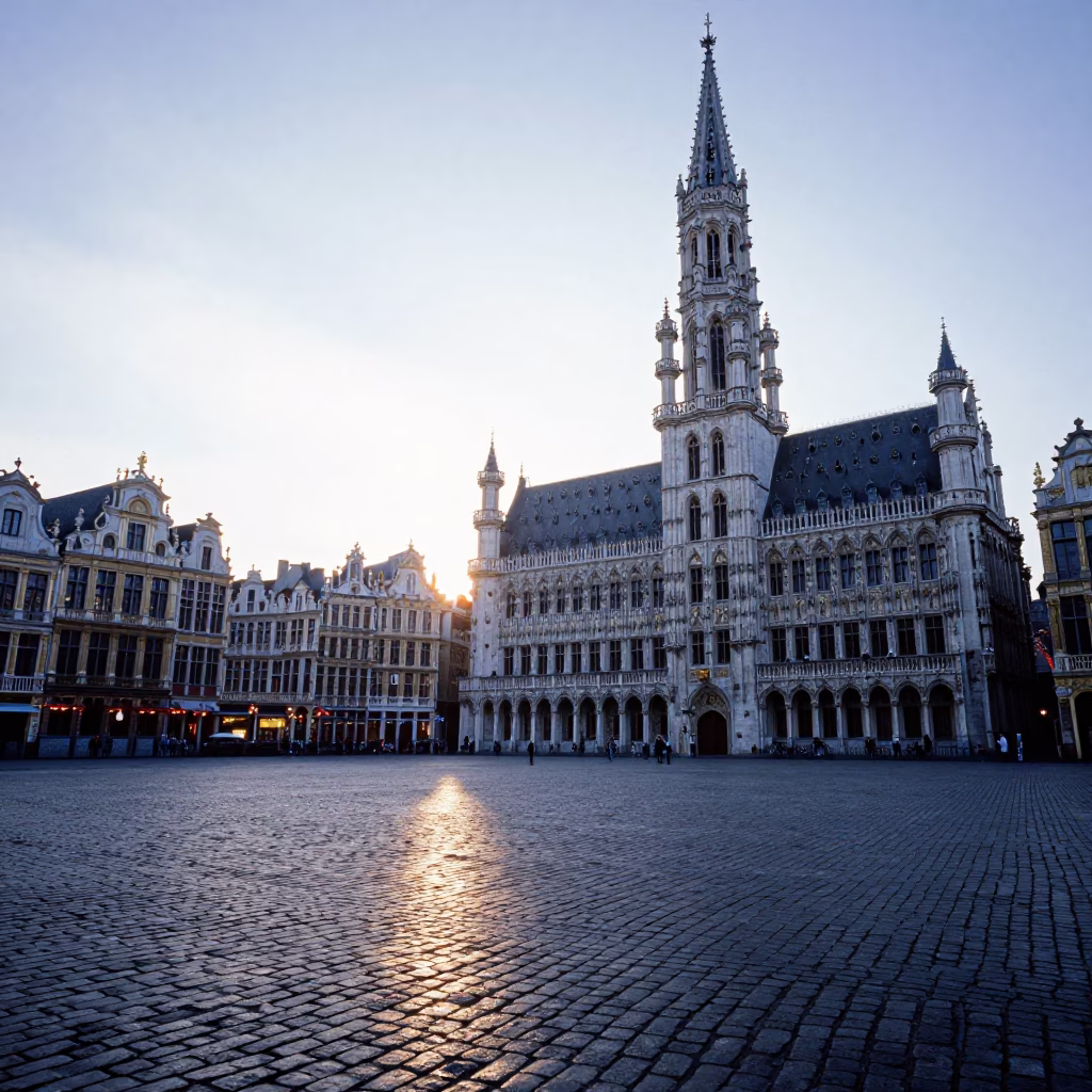 First Light Dawn Over Brussels Grand Place Cobblestones and Wet Stone Architecture in in Brussels, Belgium