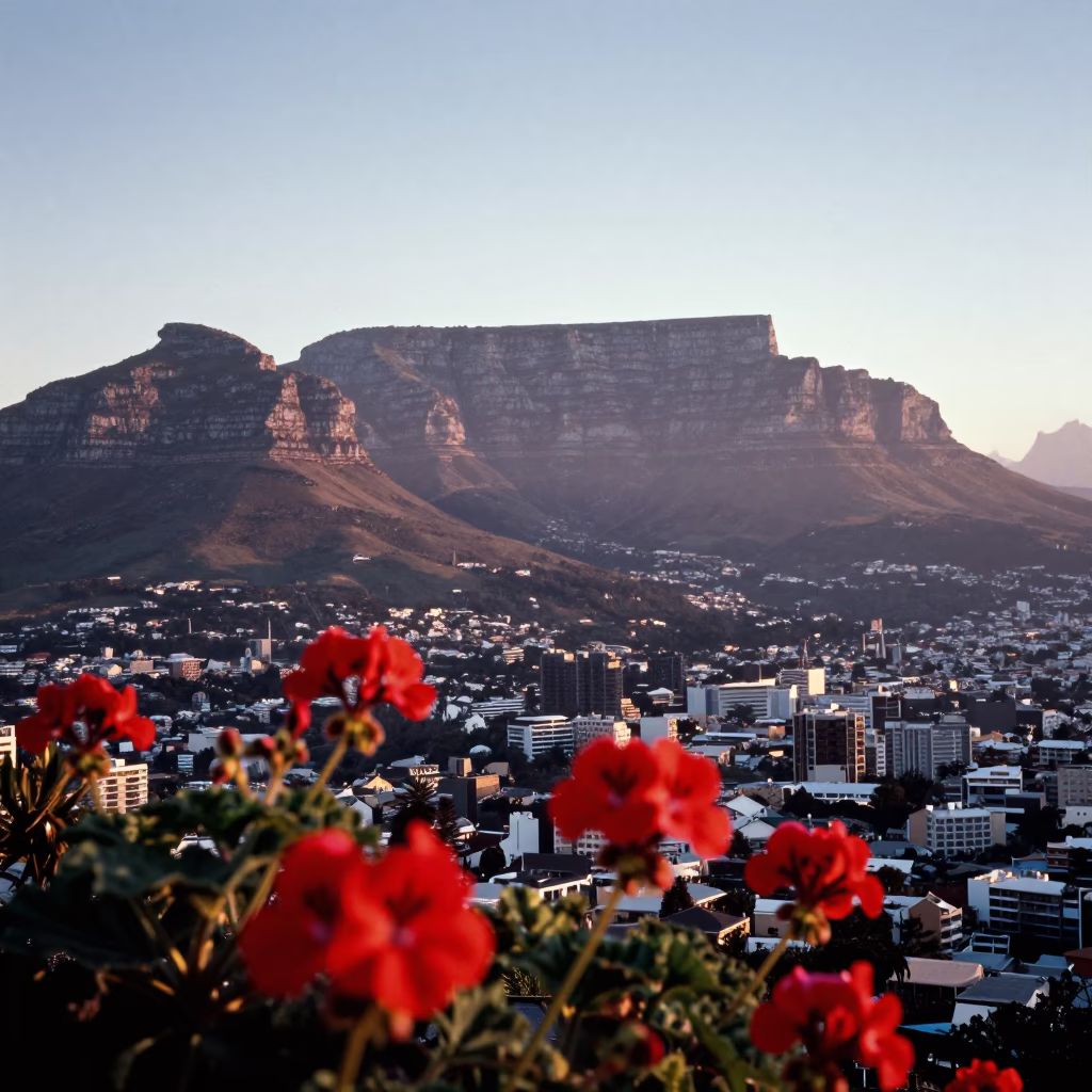 First Light Dawn Over Cape Town Table Mountain with Geraniums and Driftwood in in Cape Town, South Africa