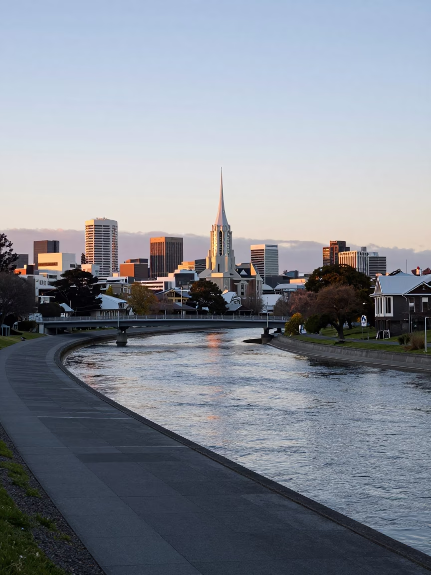 First Light Dawn Over Christchurch New Zealand Cityscape and River in in Christchurch, New Zealand