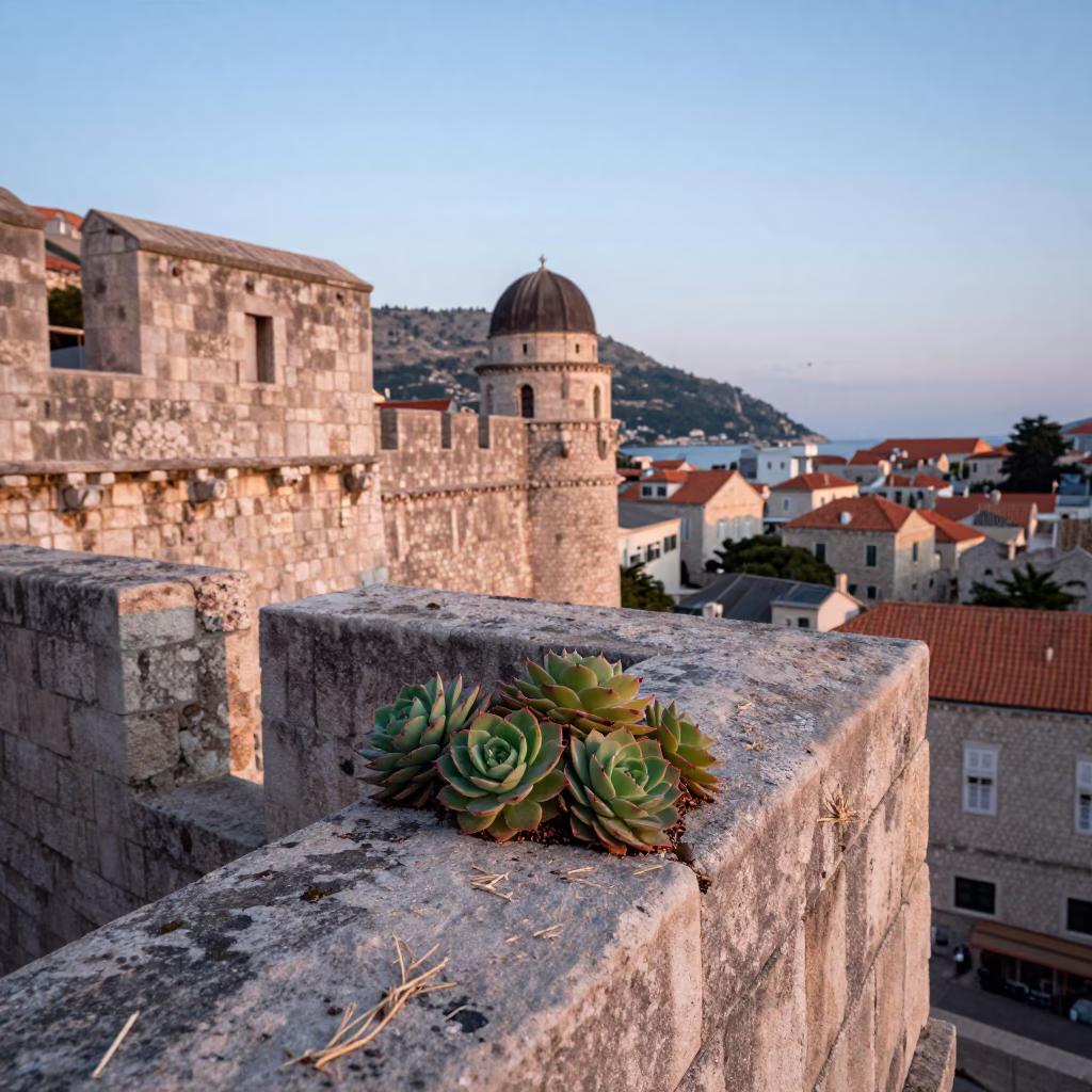 First Light Dawn Over Dubrovnik Old City Stone Walls with Echeveria Dew Drops in in Dubrovnik, Croatia
