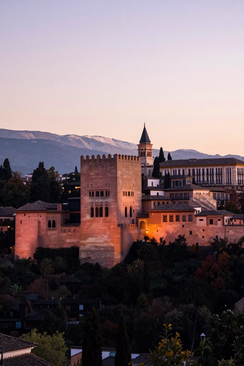 First Light Dawn Over Granada Spain Alhambra Palace and Historic Cityscape in in Granada, Spain