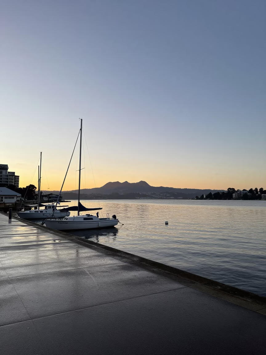 First light dawn over Hobart Tasmania Australia waterfront harbour and distant hills in in Hobart, Tasmania, Australia