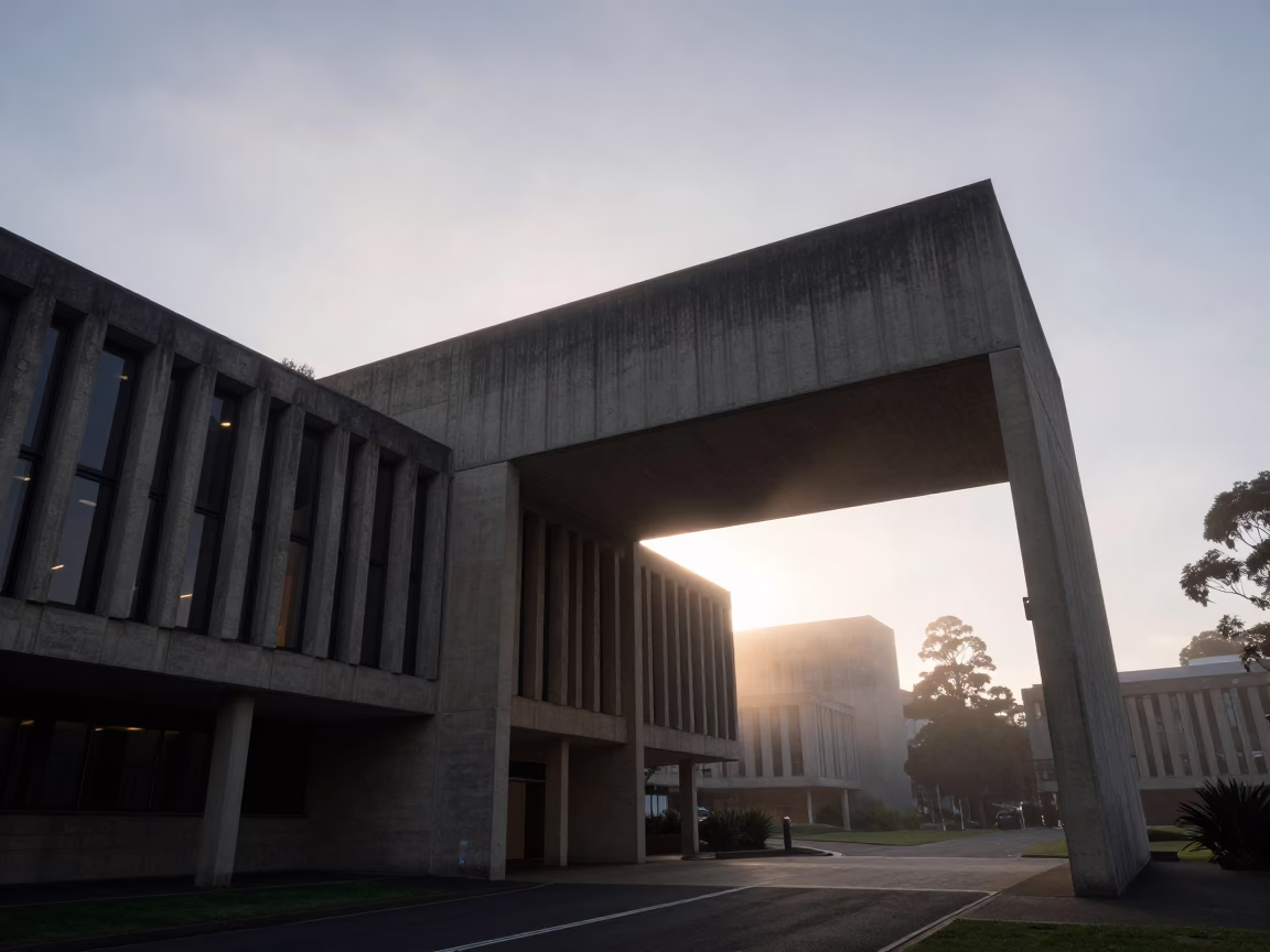 First Light Dawn Over Hobart Tasmania Concrete Brutalist University Archway and Wet Bicycle Rack in in Hobart, Tasmania, Australia